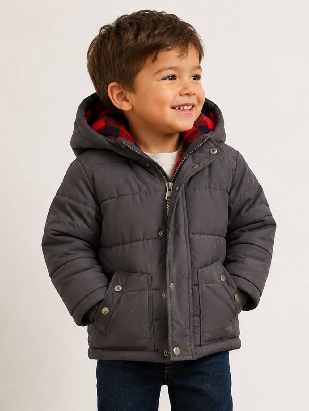 OshKosh B’gosh Boys 2T Gray Puffer Jacket Red Buffalo Plaid Fleece Lined Hooded